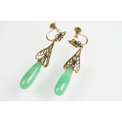 64 - Jade 9ct yellow gold drop earrings, tapered cabochon cut jade, length of jade approx 2.5cm, pierced ... 