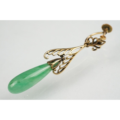 64 - Jade 9ct yellow gold drop earrings, tapered cabochon cut jade, length of jade approx 2.5cm, pierced ... 