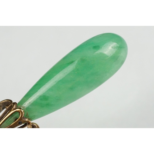 64 - Jade 9ct yellow gold drop earrings, tapered cabochon cut jade, length of jade approx 2.5cm, pierced ... 