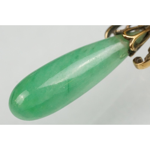 64 - Jade 9ct yellow gold drop earrings, tapered cabochon cut jade, length of jade approx 2.5cm, pierced ... 