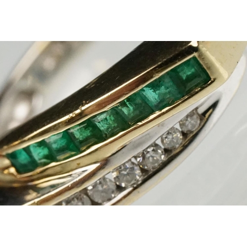 66 - Emerald and diamond 14ct yellow and white gold ring, eight graduated square cut emeralds, channel se... 