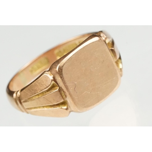 67 - Early 20th century 9ct rose gold signet ring, plain polished square head, tapered shoulders, hallmar... 