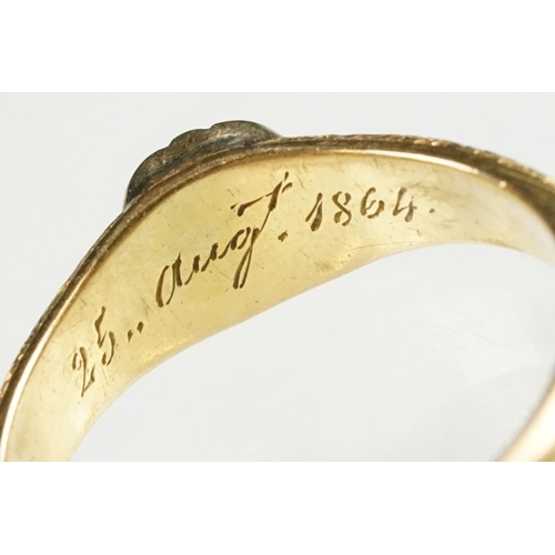 72 - Mid 19th century pearl unmarked yellow gold ring, grey seed pearl, diameter approx 3.5mm, rubover se... 