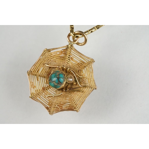 76 - Turquoise and seed pearl 9ct yellow gold pendant necklace, modelled as a spider and spider web, the ... 