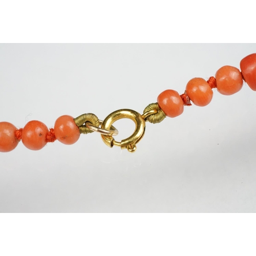 81 - Early 20th century coral graduated bead necklace with 9ct yellow gold clasp, the largest bead measur... 