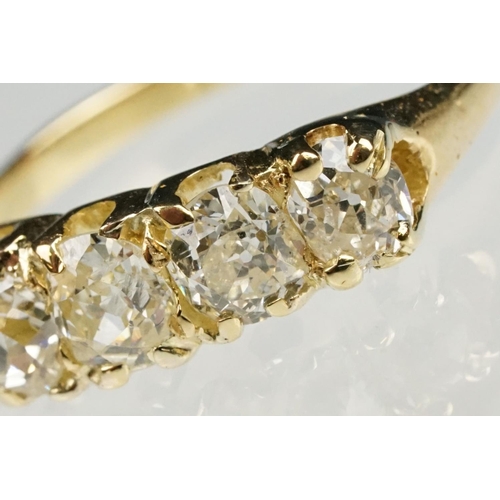 84 - Diamond unmarked yellow gold five stone ring, five graduated old cut diamonds, assessed clarities VS... 