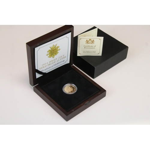 190 - A Queen Elizabeth II 2014 Jersey gold proof £1 coin, encapsulated within fitted display case and com... 