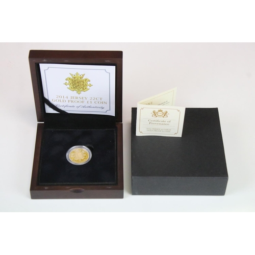 190 - A Queen Elizabeth II 2014 Jersey gold proof £1 coin, encapsulated within fitted display case and com... 