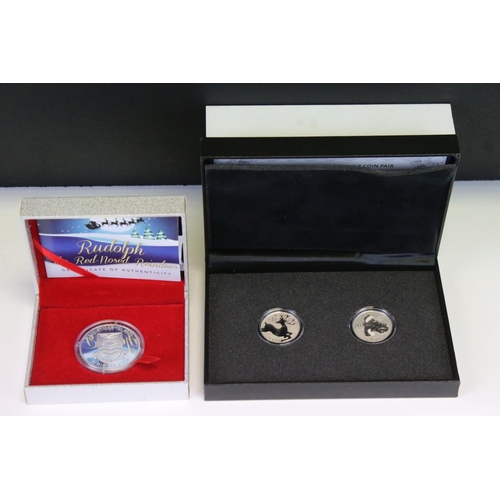 192 - A Canada $20 silver Christmas two coin set together with a Kiribati silver $5 Rudolf the red nosed r... 