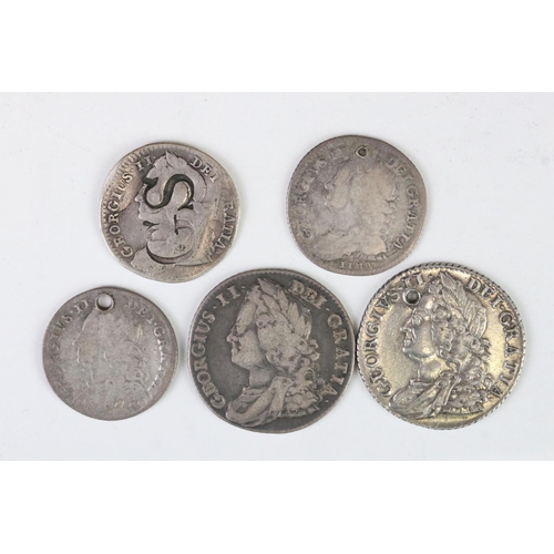 196 - A small collection of five British early milled King George II silver coins