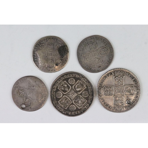 196 - A small collection of five British early milled King George II silver coins