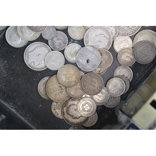 199 - A collection of British pre decimal silver coins contained within a vintage money box to include Que... 