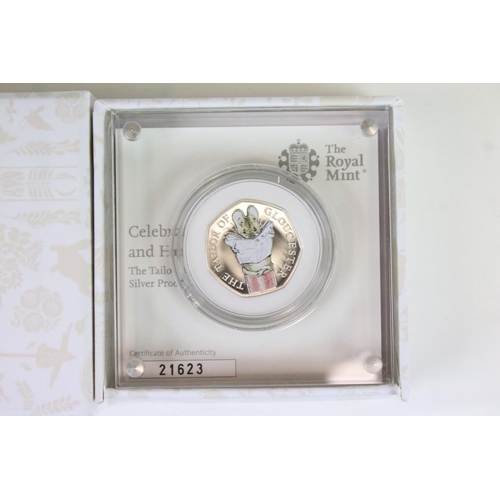 204 - A collection of seven Royal Mint silver proof Beatrix Potter 50p coins to include Peter Rabbit, Flop... 