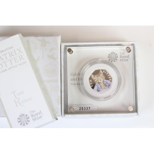 204 - A collection of seven Royal Mint silver proof Beatrix Potter 50p coins to include Peter Rabbit, Flop... 