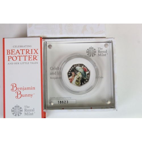 204 - A collection of seven Royal Mint silver proof Beatrix Potter 50p coins to include Peter Rabbit, Flop... 