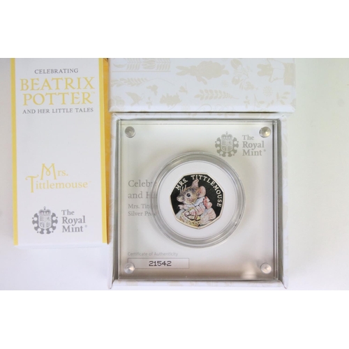 204 - A collection of seven Royal Mint silver proof Beatrix Potter 50p coins to include Peter Rabbit, Flop... 