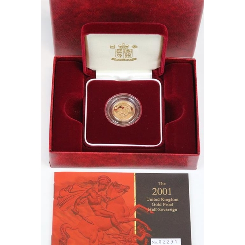 111 - A British Queen Elizabeth II 2001 United Kingdom gold proof half sovereign coin, complete with COA, ... 