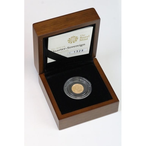 113 - A British Queen Elizabeth II 2010 United Kingdom gold proof quarter sovereign coin, complete with CO... 