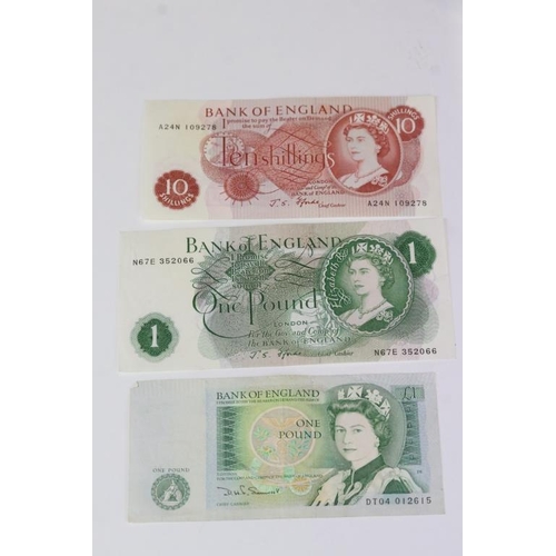 83 - A small collection of British banknotes to include £1, £5 and 10 Shilling examples.