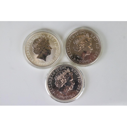 119 - A collection of three 1oz fine silver Britannia £2 coins to include 1999 and two  2007 examples.