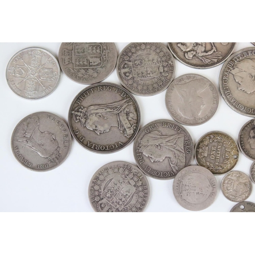 128 - A Collection of Queen Victoria British pre decimal silver coins to include Crowns, Half Crowns, Doub... 