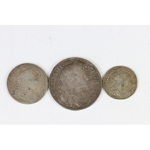 180 - A collection of three British pre decimal silver coins to include Charles II and King George III exa... 