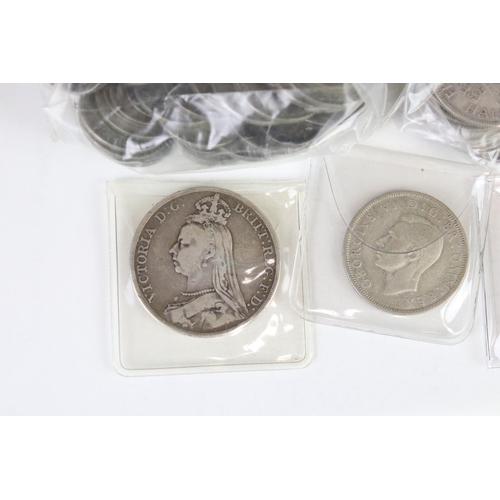 63 - A Collection Of British Pre Decimal & World Silver Coins To Include A Victorian Full Crown Coin, Hal... 