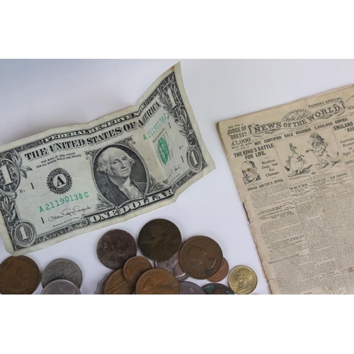 65 - A Small Collection Of British And World Coins Together With A United States Banknote.