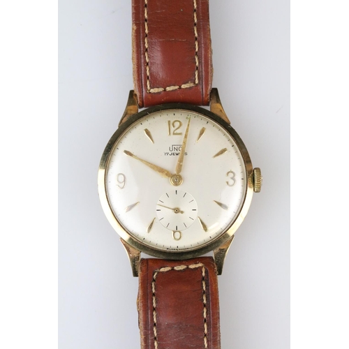 568 - Uno Gents wristwatch, yellow metal case, gilt Arabic and baton numeral markers, engraved presentatio... 