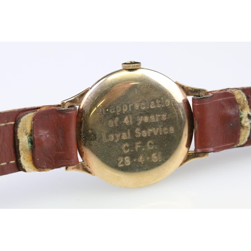 568 - Uno Gents wristwatch, yellow metal case, gilt Arabic and baton numeral markers, engraved presentatio... 