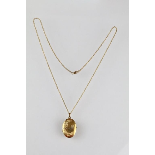 14 - 9ct yellow gold oval locket pendant necklace; together with a 9ct yellow gold helix link chain neckl... 