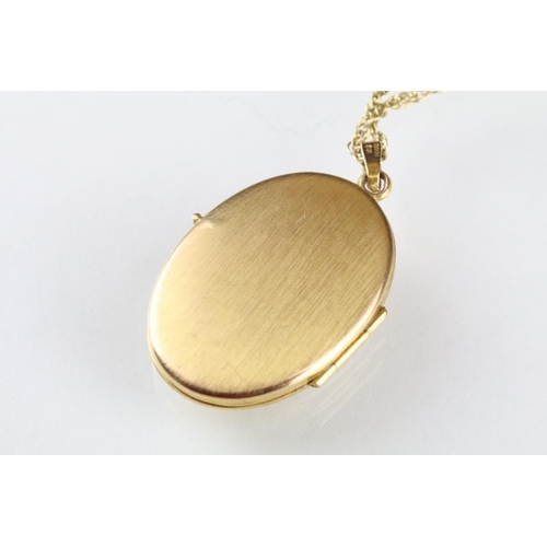 14 - 9ct yellow gold oval locket pendant necklace; together with a 9ct yellow gold helix link chain neckl... 