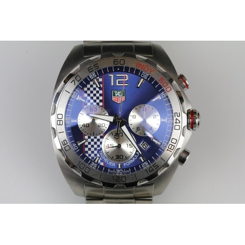 532 - Tag Heuer Formula 1 Indy 500 stainless steel chronograph wrist watch. The watch having a blue checke... 