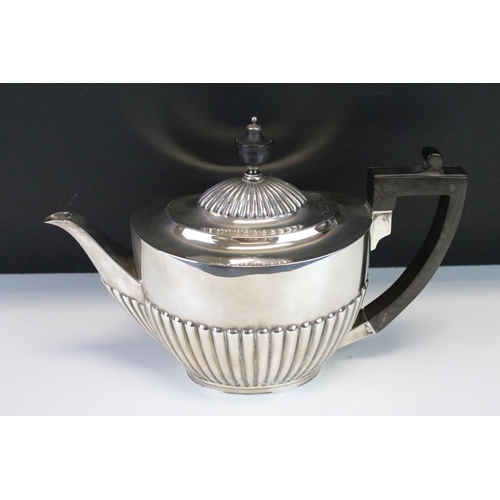 663 - Edwardian three piece silver tea service comprising teapot, milk jug and sugar bowl, gadrooning to t... 