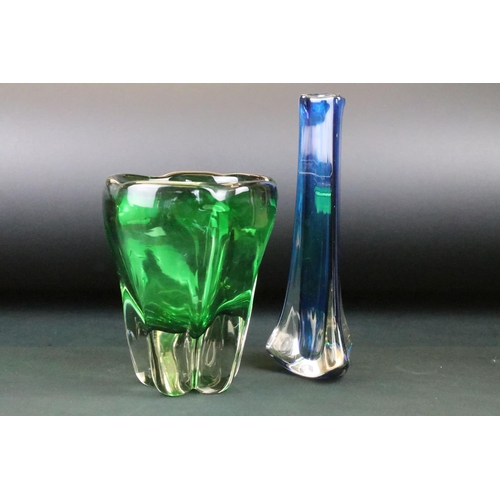 15 - Whitefriars mid Century green cased glass molar vase together with a Whitefriars blue cased three si... 