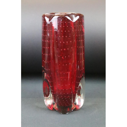 19 - Four pieces of Whitefriars ruby glass to include a lobed control bubble vase, control bubble vase, d... 