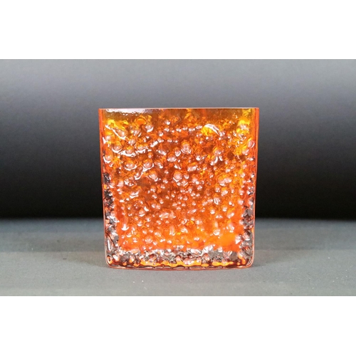 2 - Whitefriars tangerine nail head glass vase of square form. Measures 11.5cm tall.