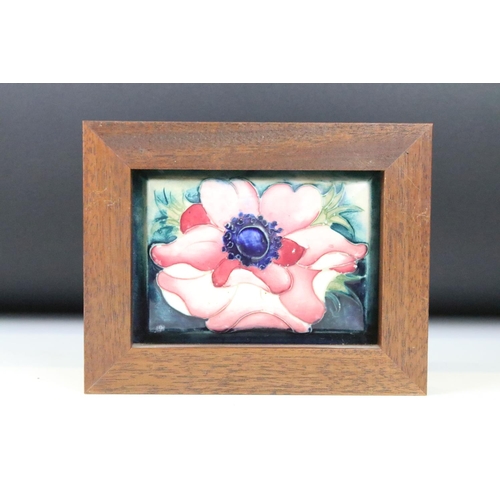 6 - Four Moorcroft ceramic framed mounted ceramic lids to include a hibiscus pattern plaque, two clemati... 