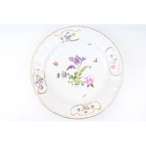 30 - 18th Century Meissen deep circular dish with central floral sprays, the moulded border with four flo... 