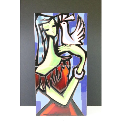 38 - Mid 20th Century Paul Carriger wall plaque, composed of two tiles depicting a stylised lady and dove... 