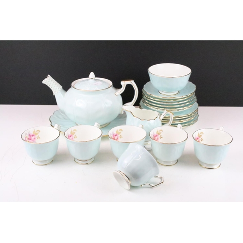 47 - Aynsley floral tea set for six, in pale blue, pattern no. 2715, to include teapot & cover, 6 teacups... 