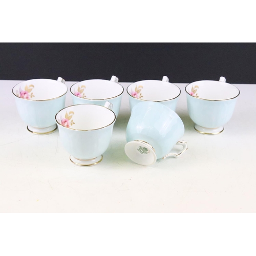 47 - Aynsley floral tea set for six, in pale blue, pattern no. 2715, to include teapot & cover, 6 teacups... 