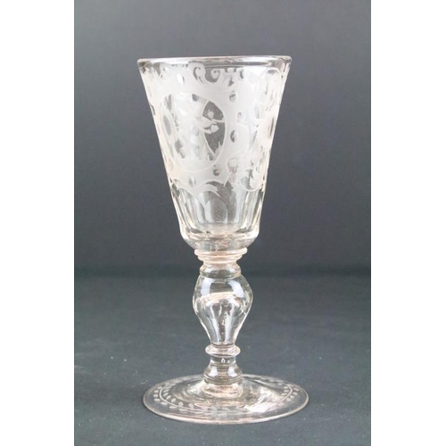 77 - Three 18th Century etched bowl glasses to include a rummer glass with etched motto and twin heart de... 