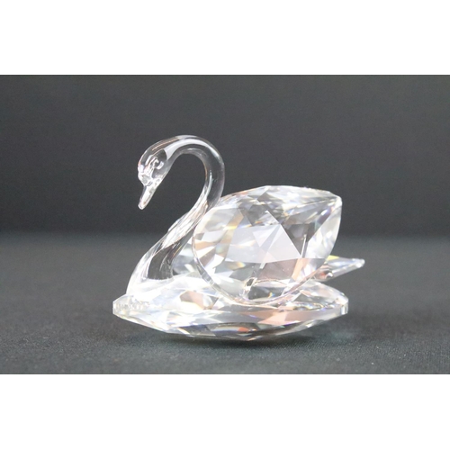 62 - Three Swarovski crystal figurines to include a swan, Kris bear on skates and a teddy bear, all in or... 