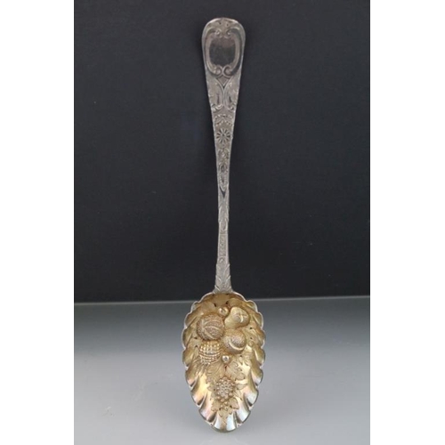 662 - George II silver spoon with later repoussé berry decoration, makers Benjamin Cartwright I, London 17... 