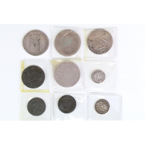 281 - A collection of nine British King William III & Mary early milled silver and copper coins to include... 