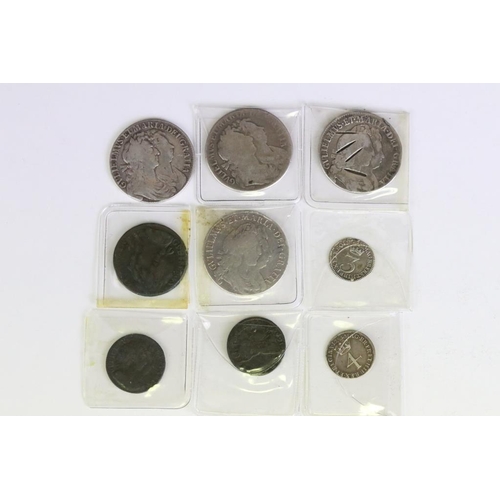 281 - A collection of nine British King William III & Mary early milled silver and copper coins to include... 