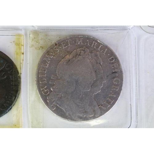 281 - A collection of nine British King William III & Mary early milled silver and copper coins to include... 