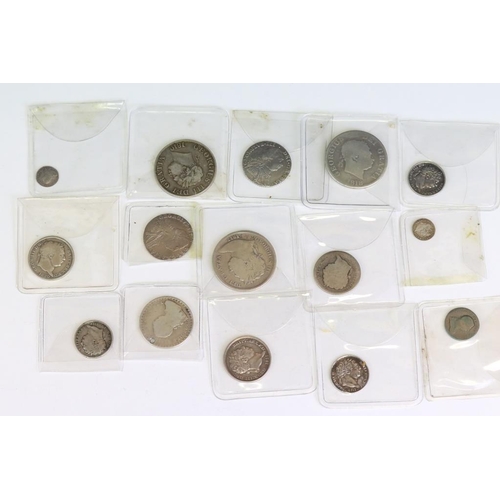 290 - A collection of fourteen British King George III early milled silver coins to include three half cro... 