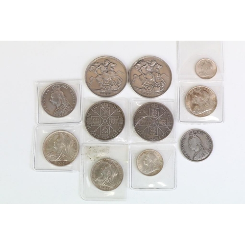 298 - A collection of eleven Queen Victoria silver coins to include Crowns, Double Florins, Half Crowns, F... 